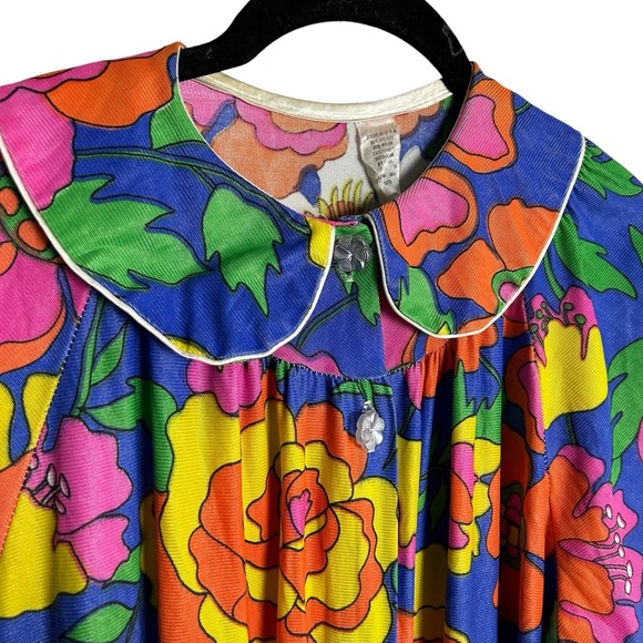 Vintage floral Robe psychedelic 60s Floral retro Mrs Roper disco Chic duster - Picture 2 of 7